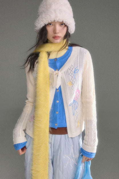 Two-Piece Wool-Blend Tulip Embroidery Knit Cardigan And Skirt Set-Up