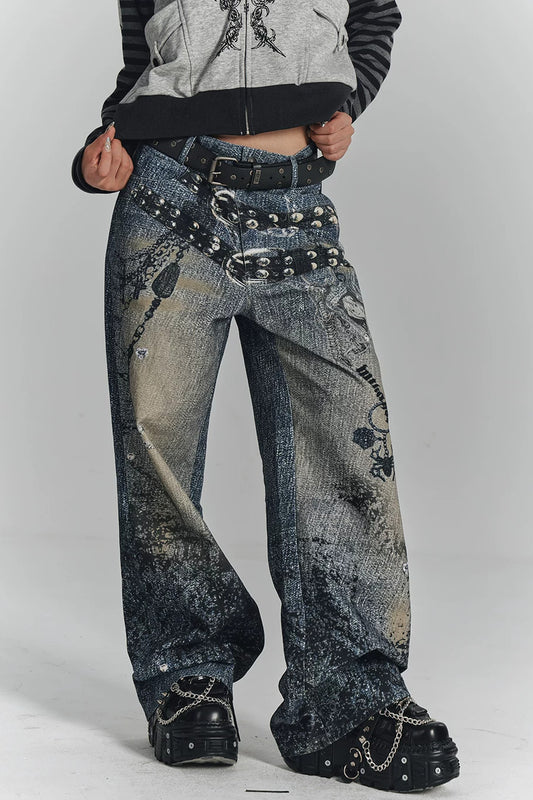 Y2K Digital Print Chain Wide-Leg Jeans