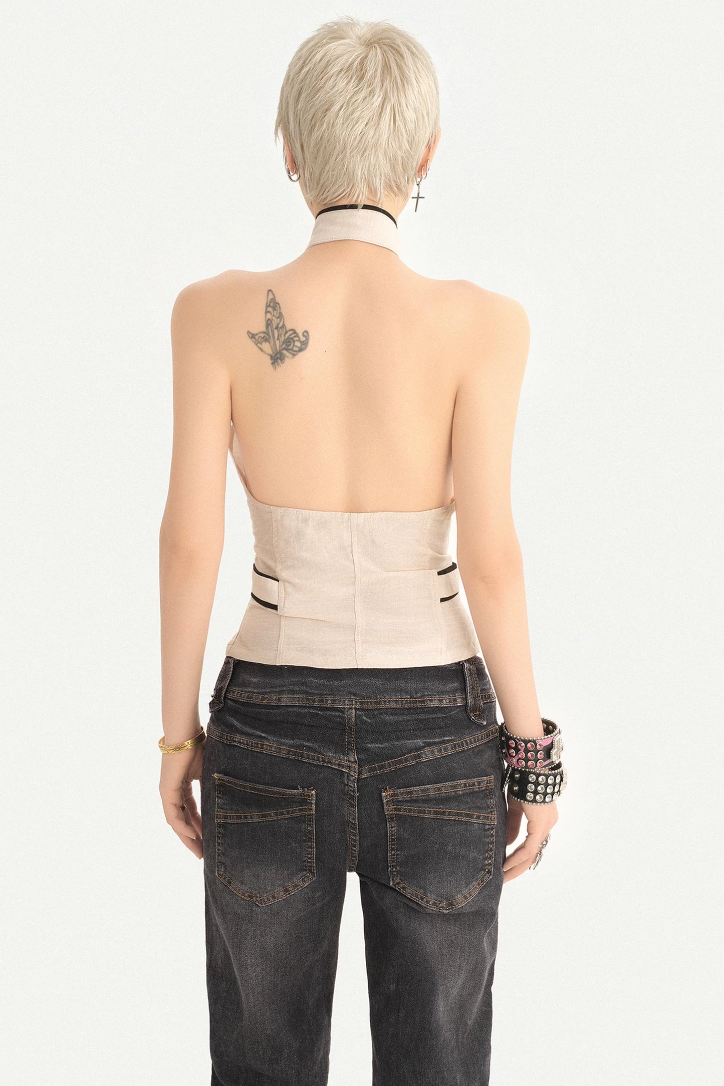 Sleeveless Backless Double-Breasted Halter Vest