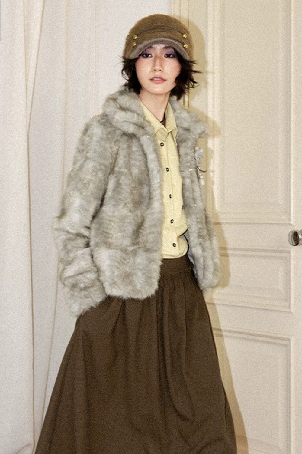 Gray Green Plush Fur Jacket