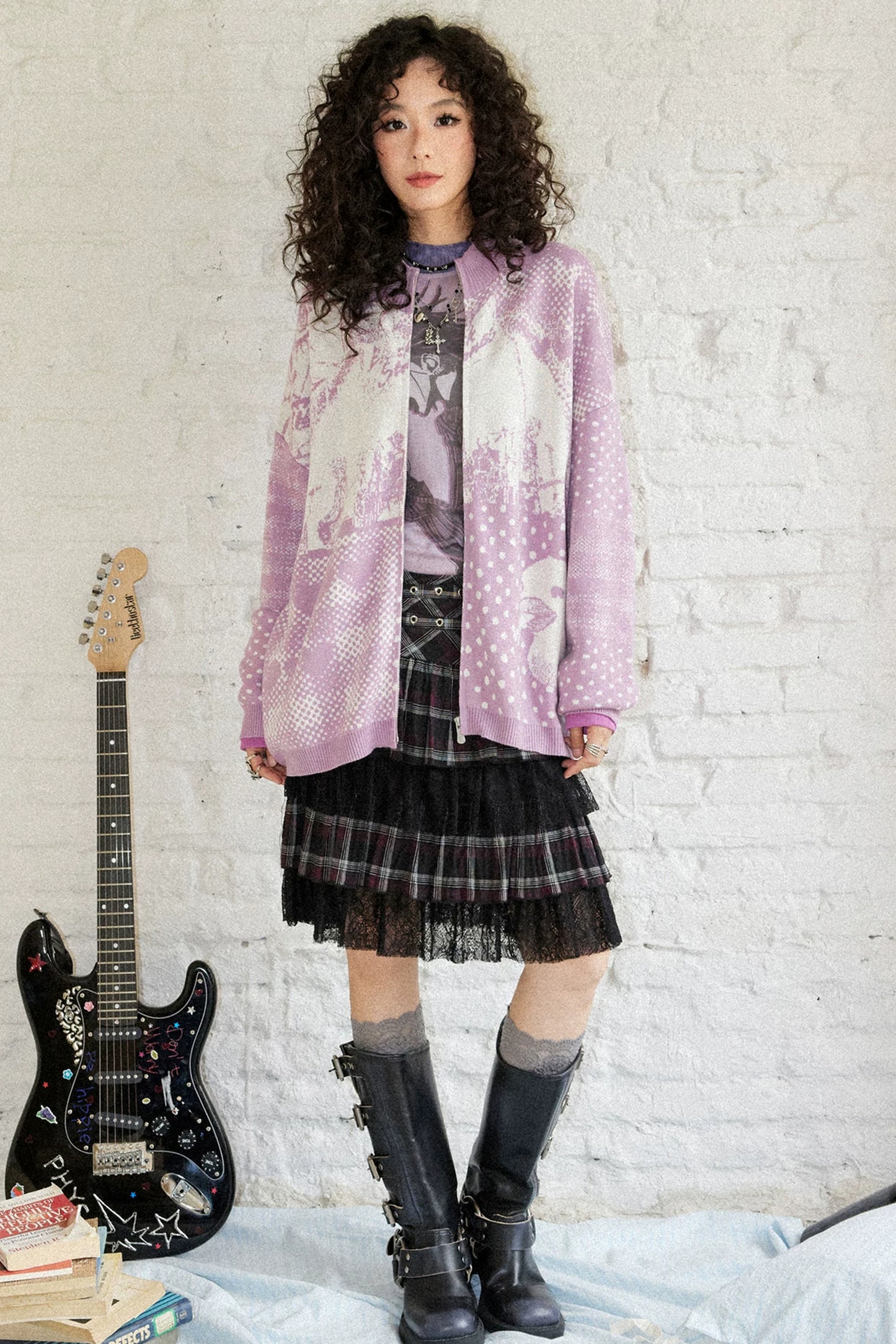 Zip Closure Polka Dot Portrait Print Cardigan
