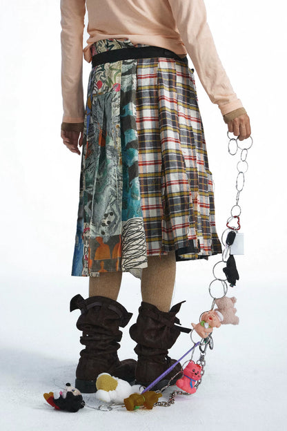 Plaid Graffiti Patchwork Pleated Skirt