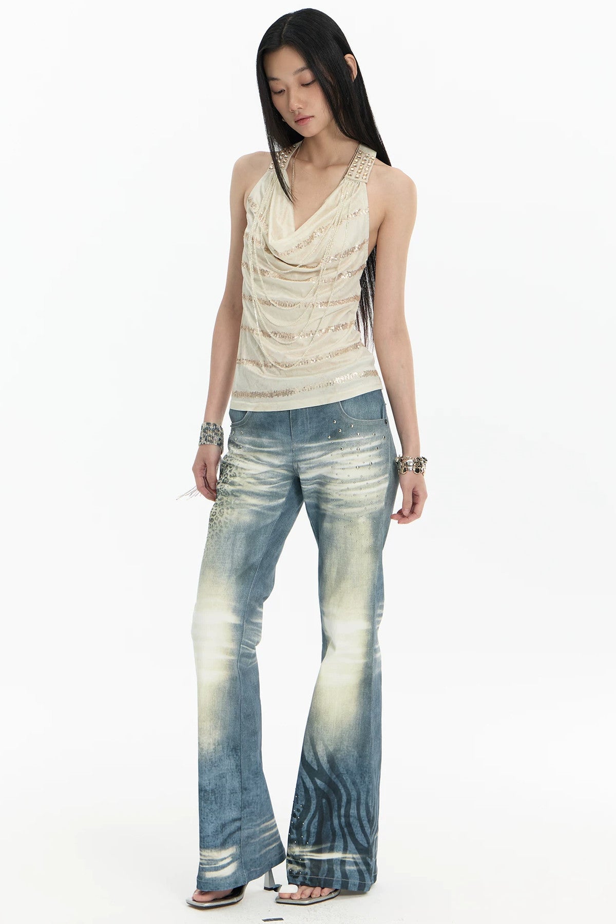 High-Stretch Washed Leopard Print Jeans