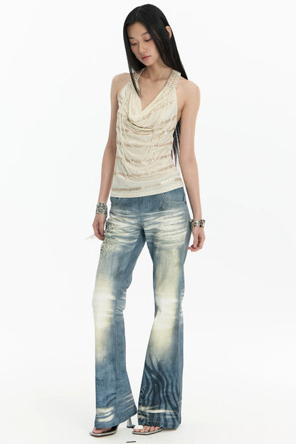 High-Stretch Washed Leopard Print Jeans