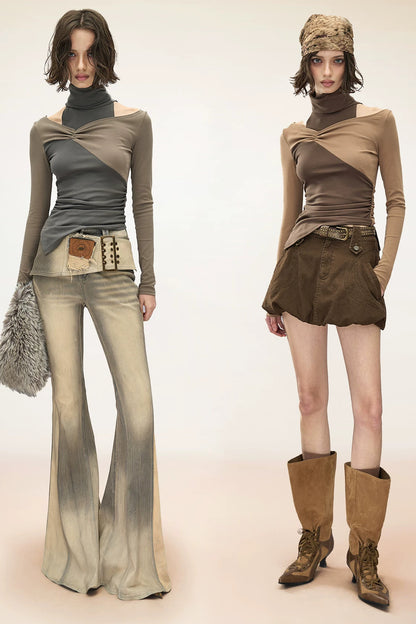 Layered Ruched Patchwork Off-Shoulder Long-Sleeve T-Shirt
