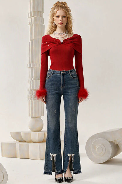 Pearl Bow Fringe Flared Jeans