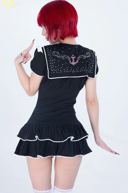 Sparkling Sailor Rhinestone Tiered Dress Set-Up