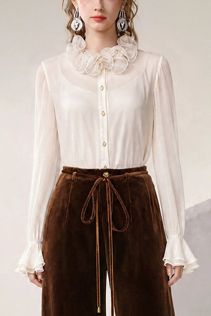 Beige Ruffle Collar Shirt