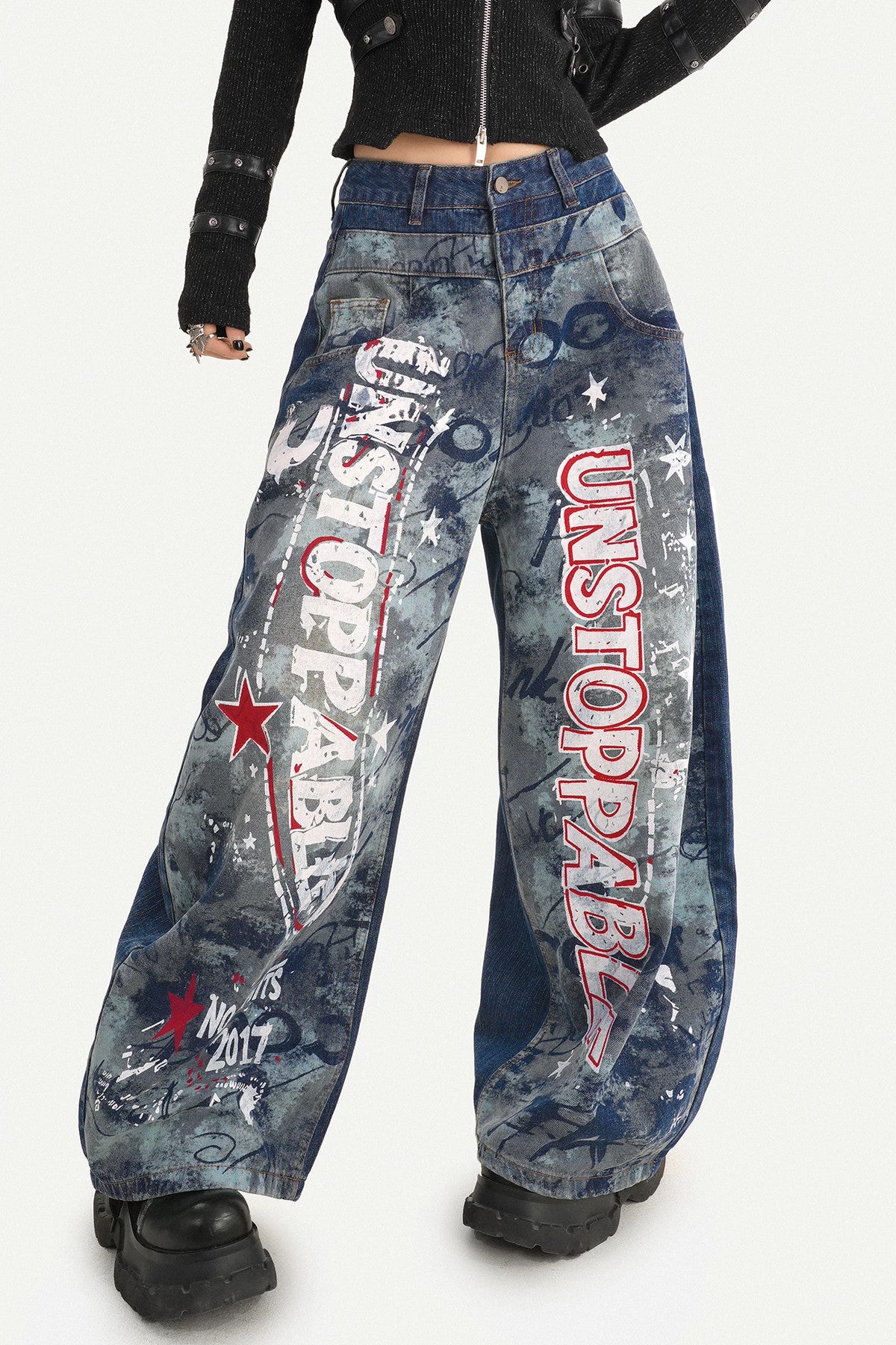 Graffiti Print Wide-Leg Jeans