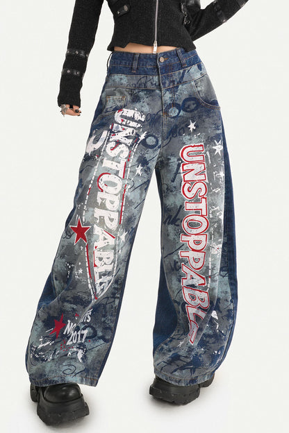 Graffiti Print Wide-Leg Jeans