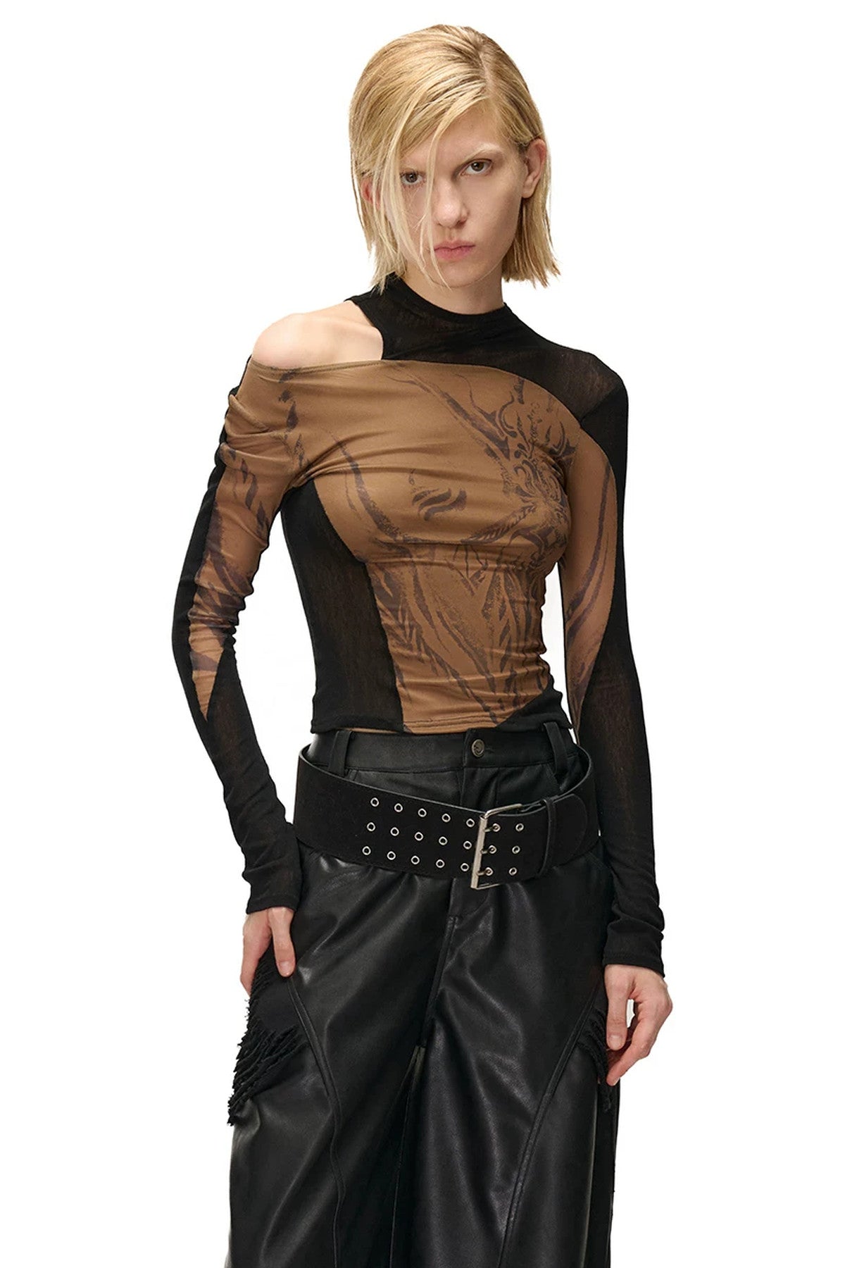 Weight Fragment Printed Mesh Half-High Collar T-Shirt