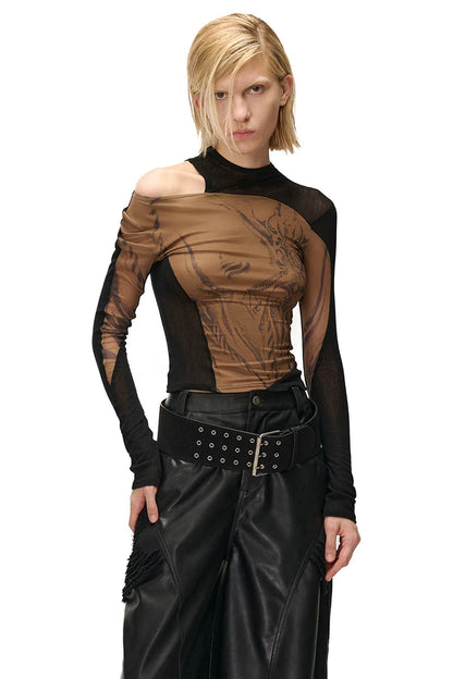 Weight Fragment Printed Mesh Half-High Collar T-Shirt