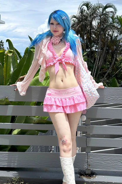 Pink Blue Knit Long Sleeve Cardigan