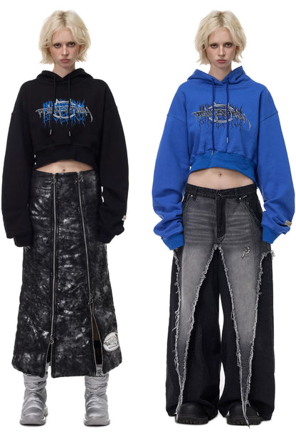 Thorn Print Open Back Cropped Hoodie