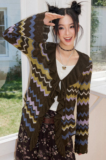 Wavy Striped Ruffle Cardigan