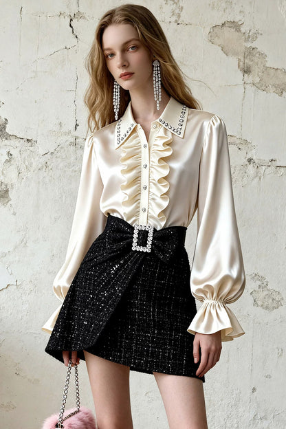 French Style Satin Blouse and Skirt