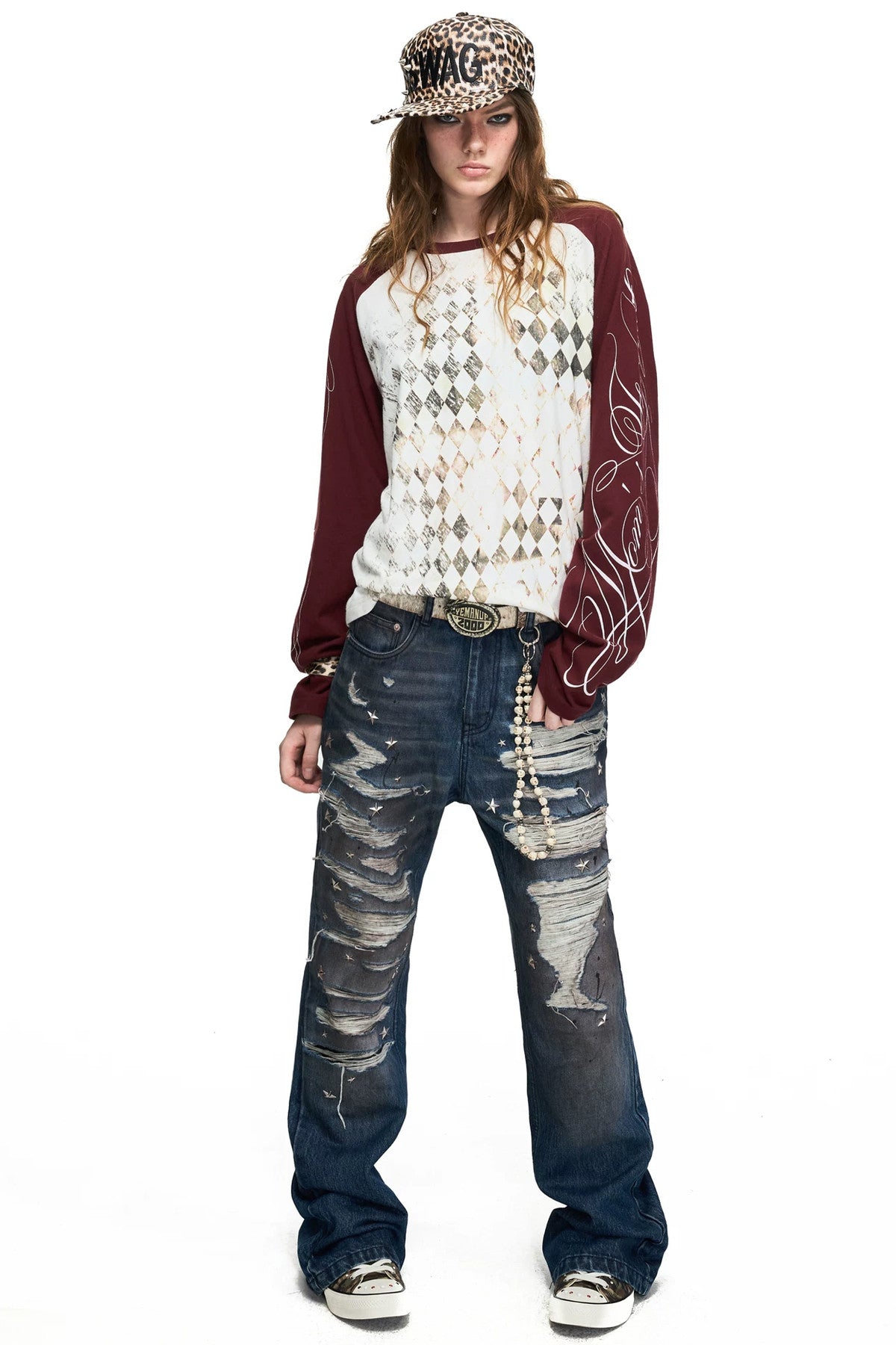 Star Stud Embroidered Washed Ripped Flared Jeans