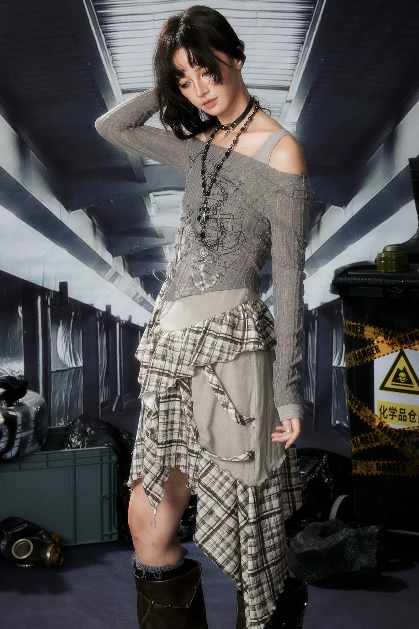Plaid Ruffle One-Shoulder Dress