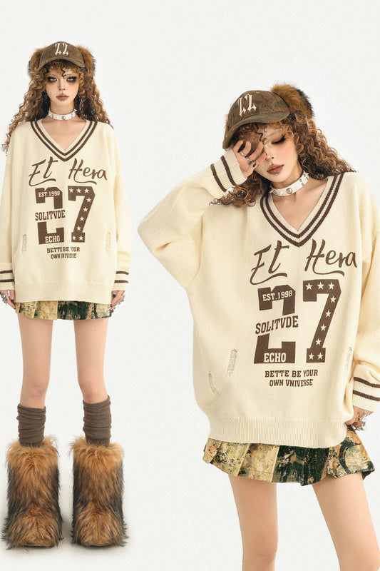 Long-Sleeve V-Neck Number Print Sweater