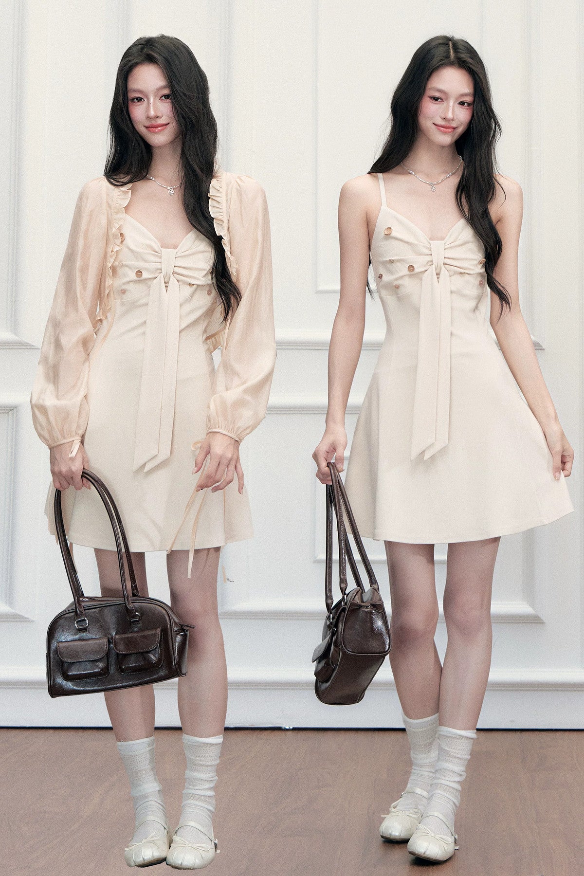 V-Neck Dress Ruffled Cardigan Set-Up