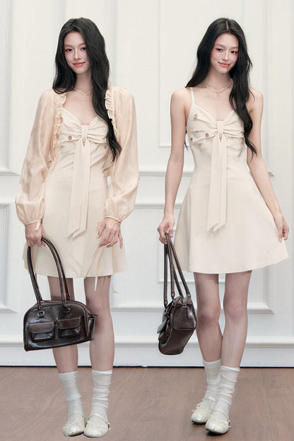 V-Neck Dress Ruffled Cardigan Set-Up