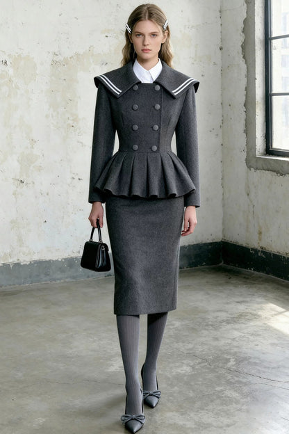 Double-Breasted Large Lapel Jacket and Skirt Set