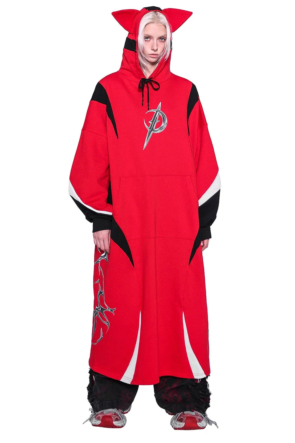 Cat Ear Spliced Racing Stripe Long Hoodie