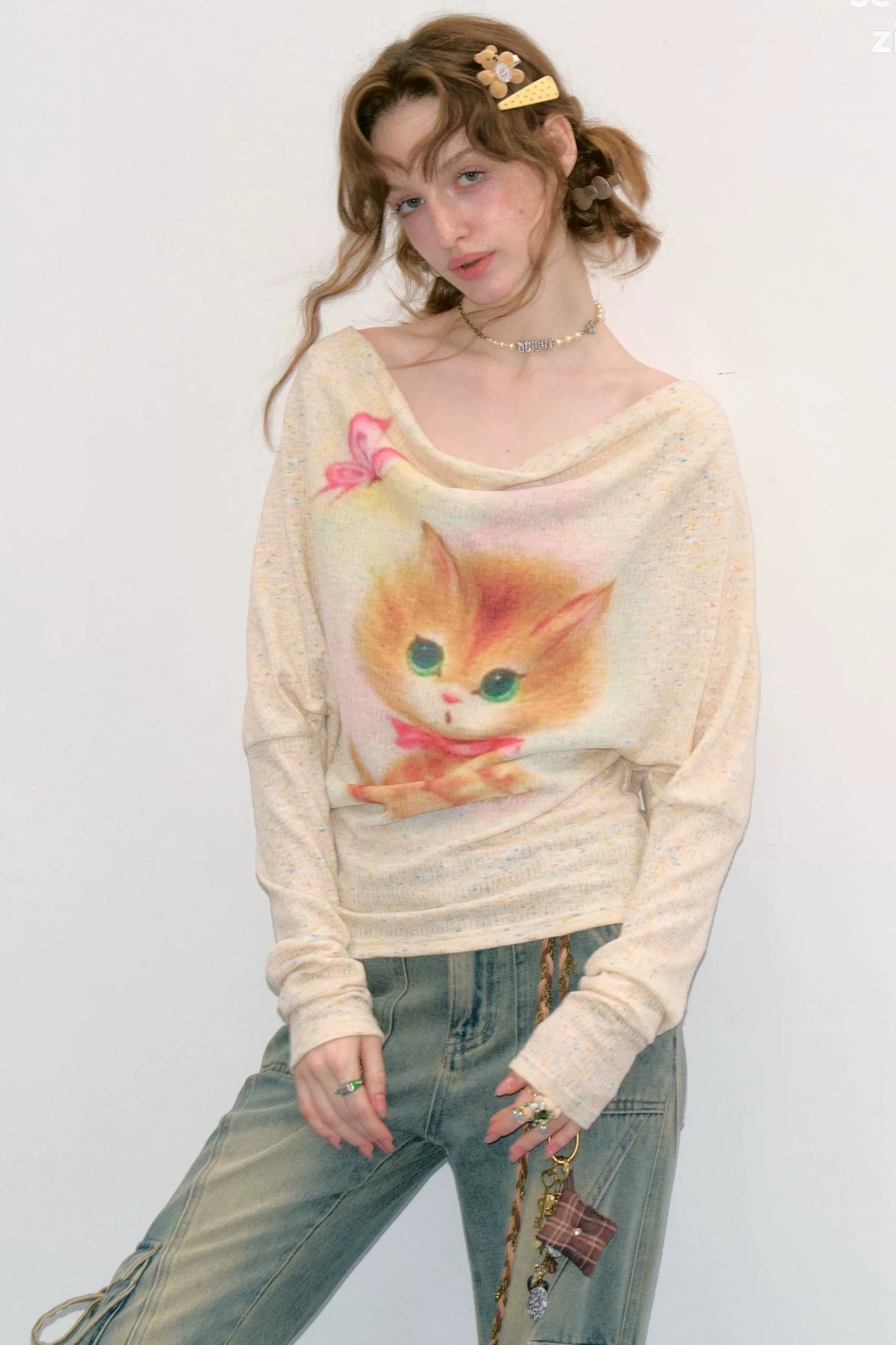 Cat Print Flutter Collar Blouse
