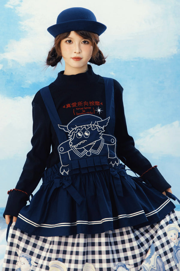 Layered-Look Wolf Embroidery Plaid Apron Dress