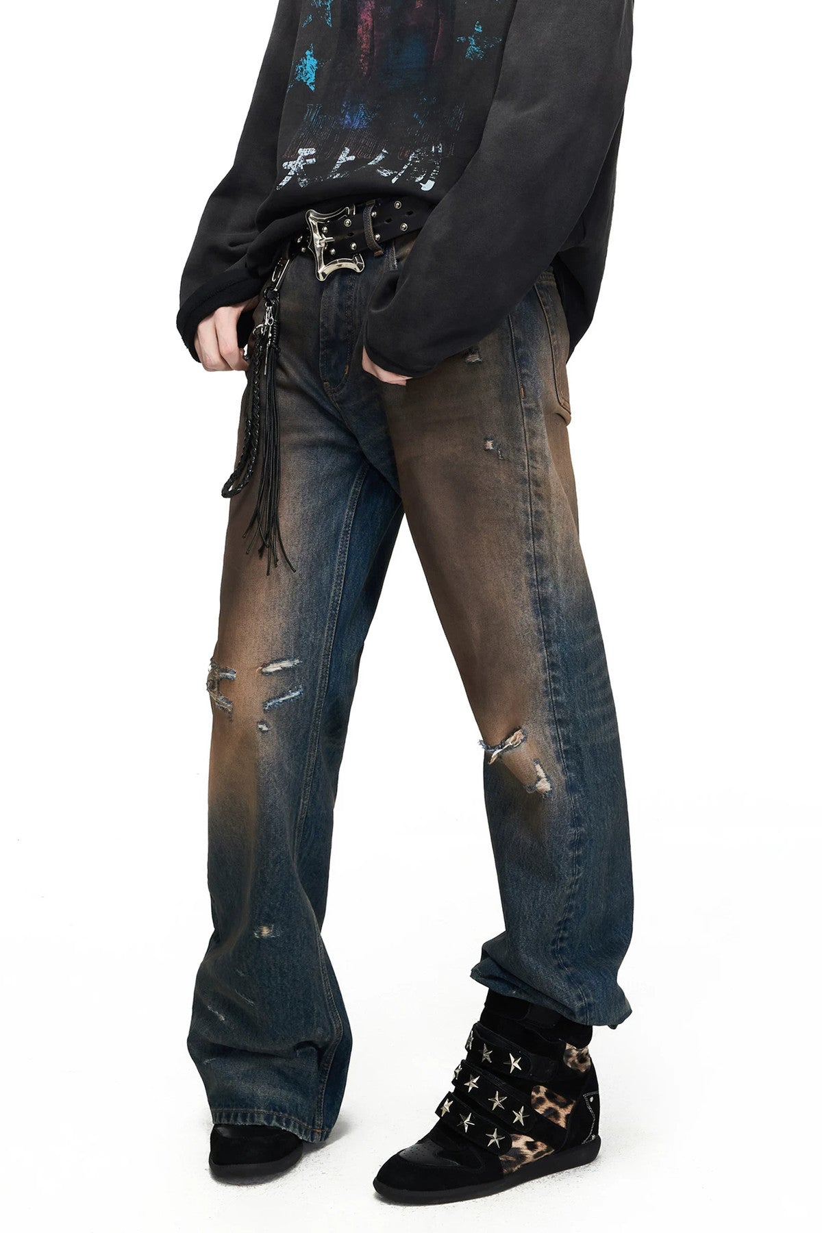 Mud-Dyed Distressed Flared Jeans