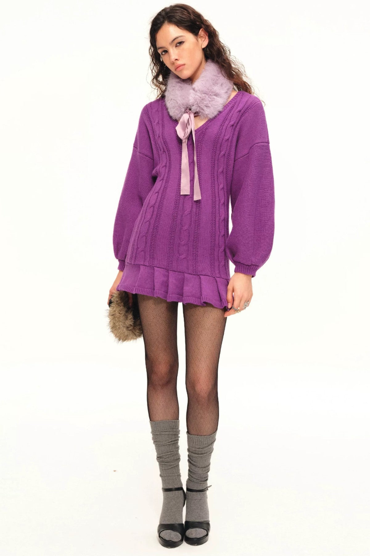 Faux Fur Neck Warmer Satin Tie Scarf