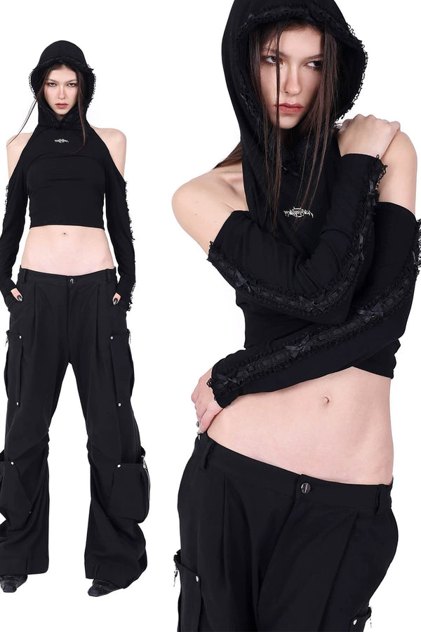 Lace Trim Hooded Backless Long Sleeve T-Shirt
