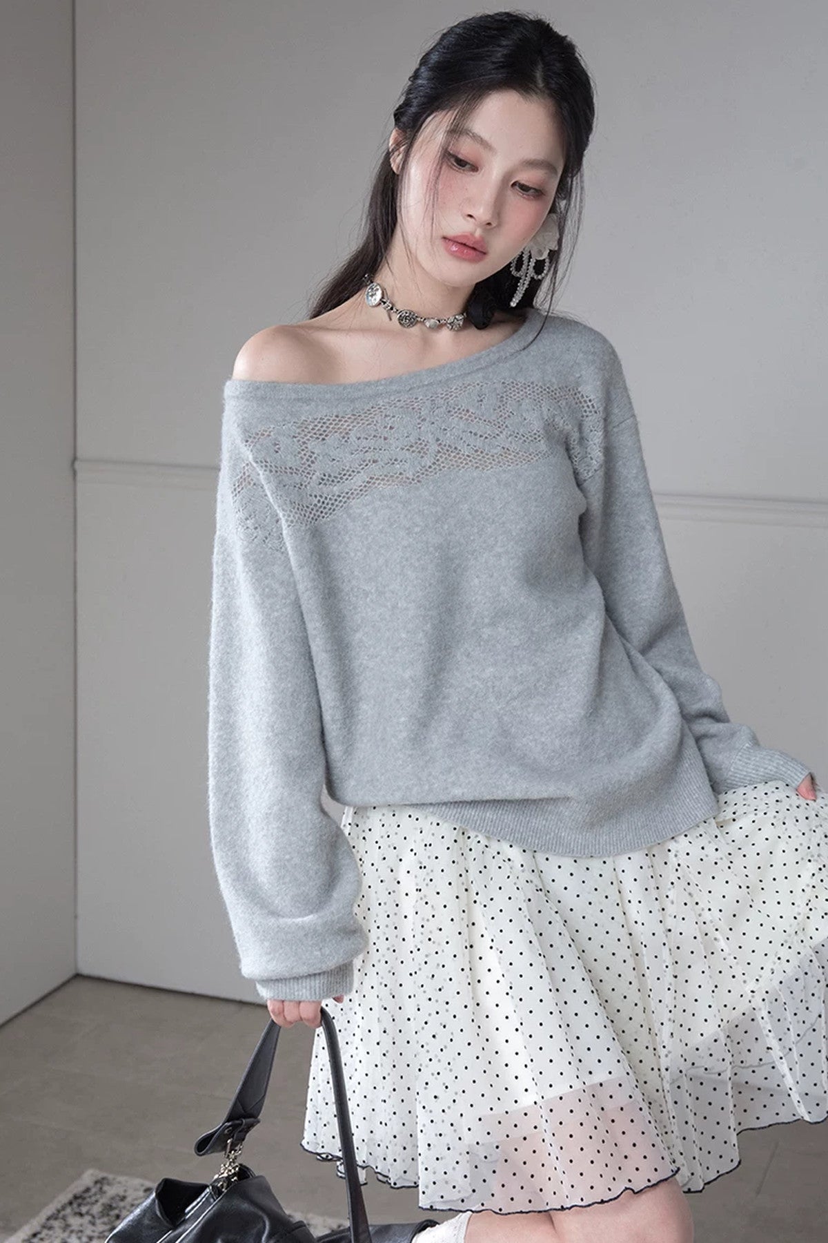 Off-Shoulder Hollow Jacquard Wool Sweater