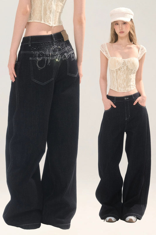 Pantalon en denim à jambe large avec strass