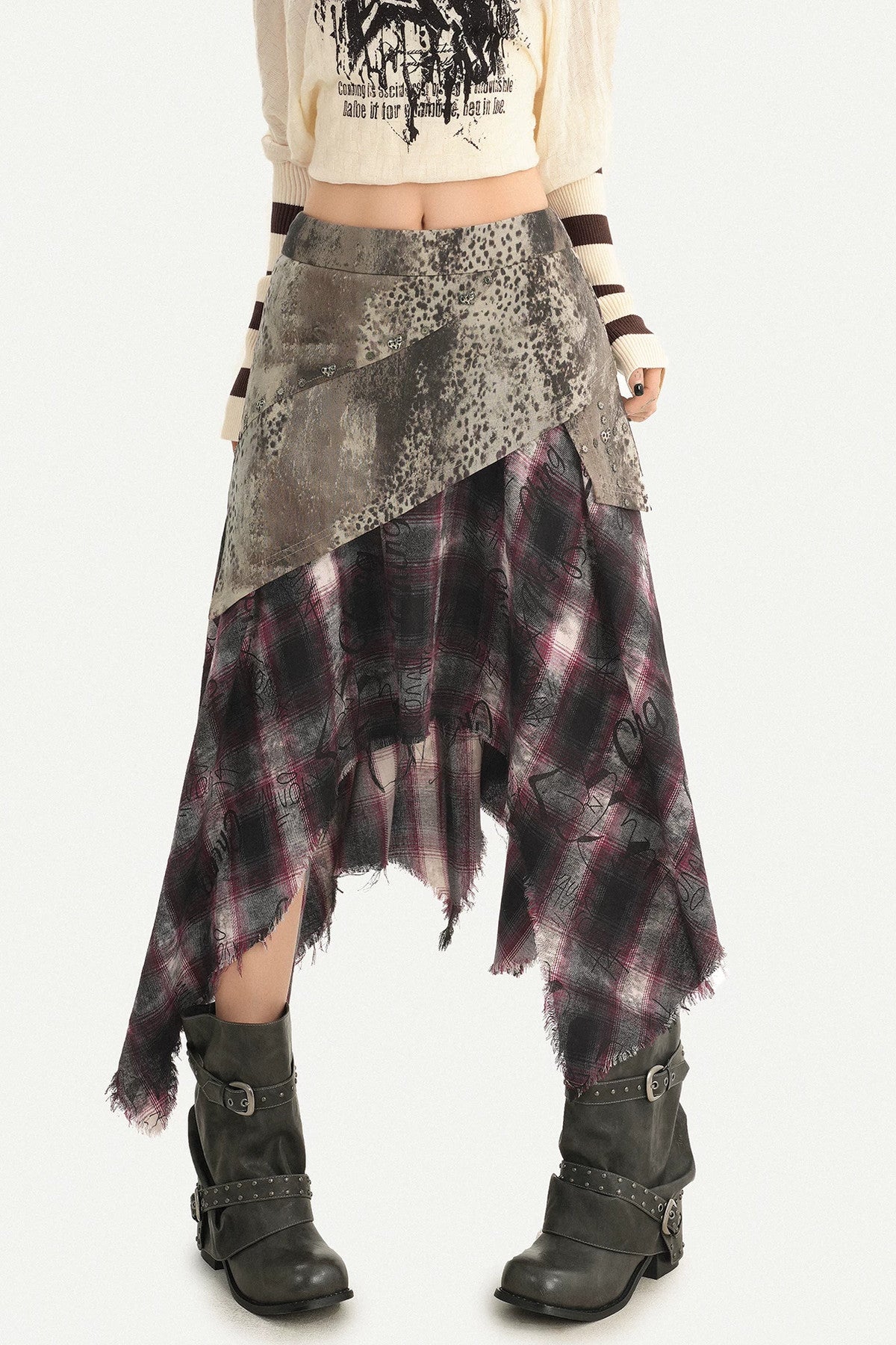 Faded Plaid Patchwork Midi Skirt