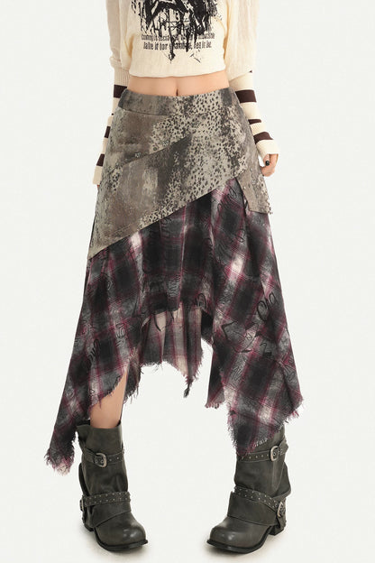 Faded Plaid Patchwork Midi Skirt