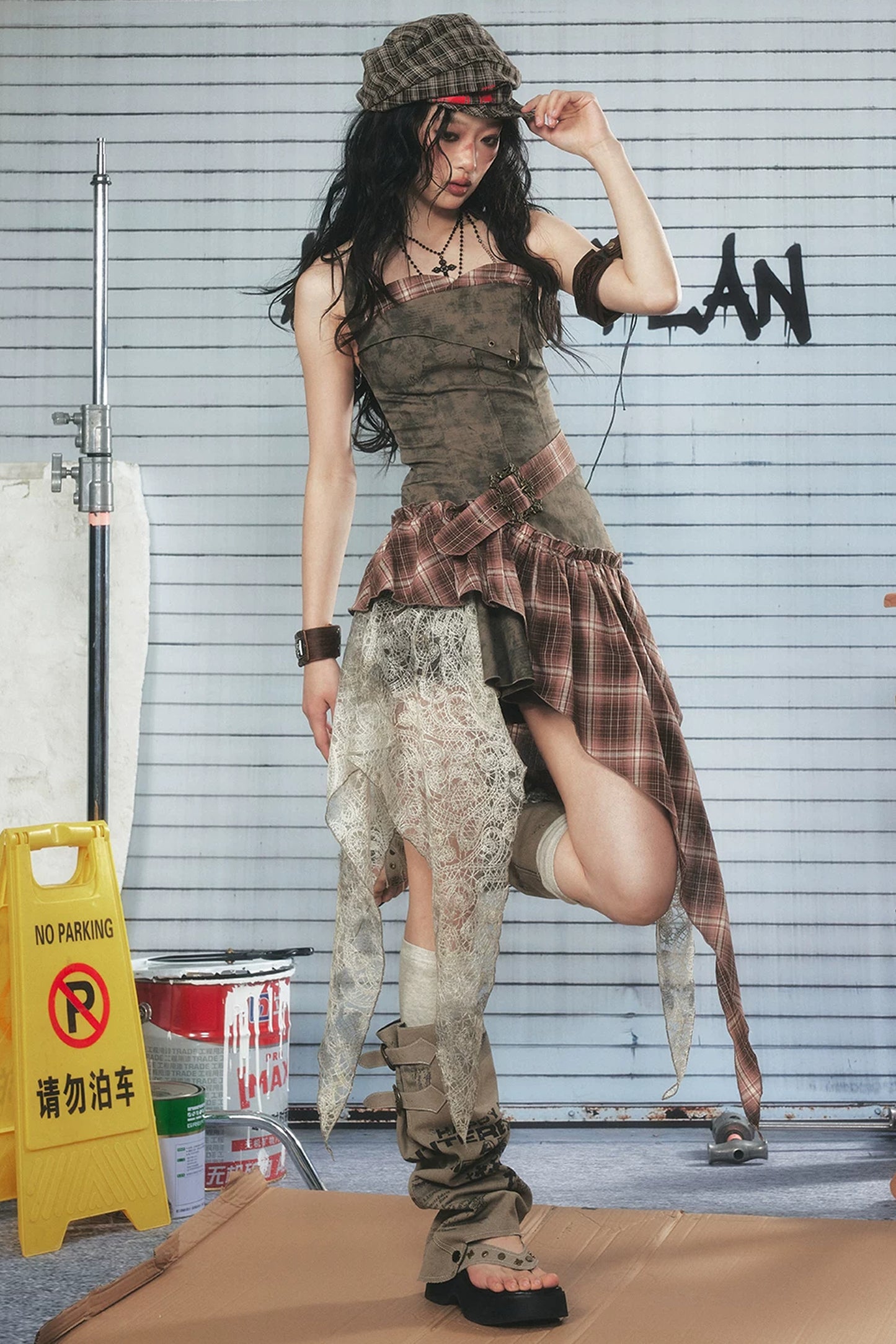 Plaid Asymmetrical Hem Layered-Look Dress