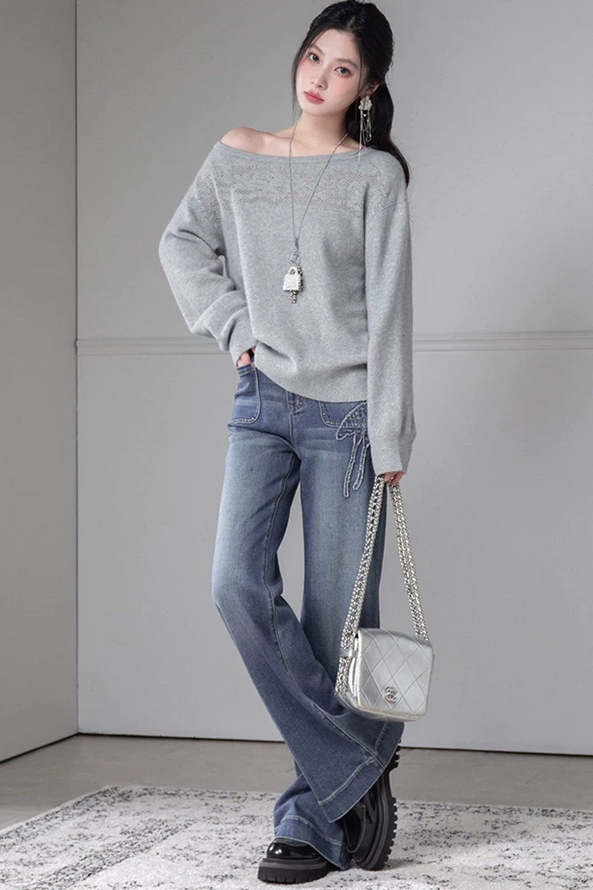 Off-Shoulder Hollow Jacquard Wool Sweater