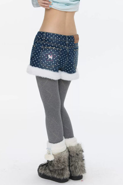 High-Waisted Washed Fleece-Lined Denim Shorts