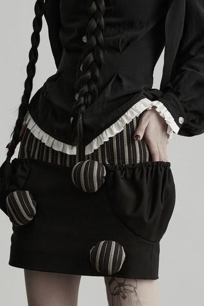 High-Waisted Straight Ball-Decorated Striped Patchwork Skirt