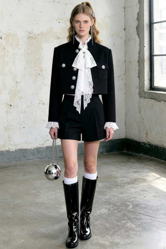 Long Sleeve Diamond Embellished Lace Jacket and Shorts Set-Up