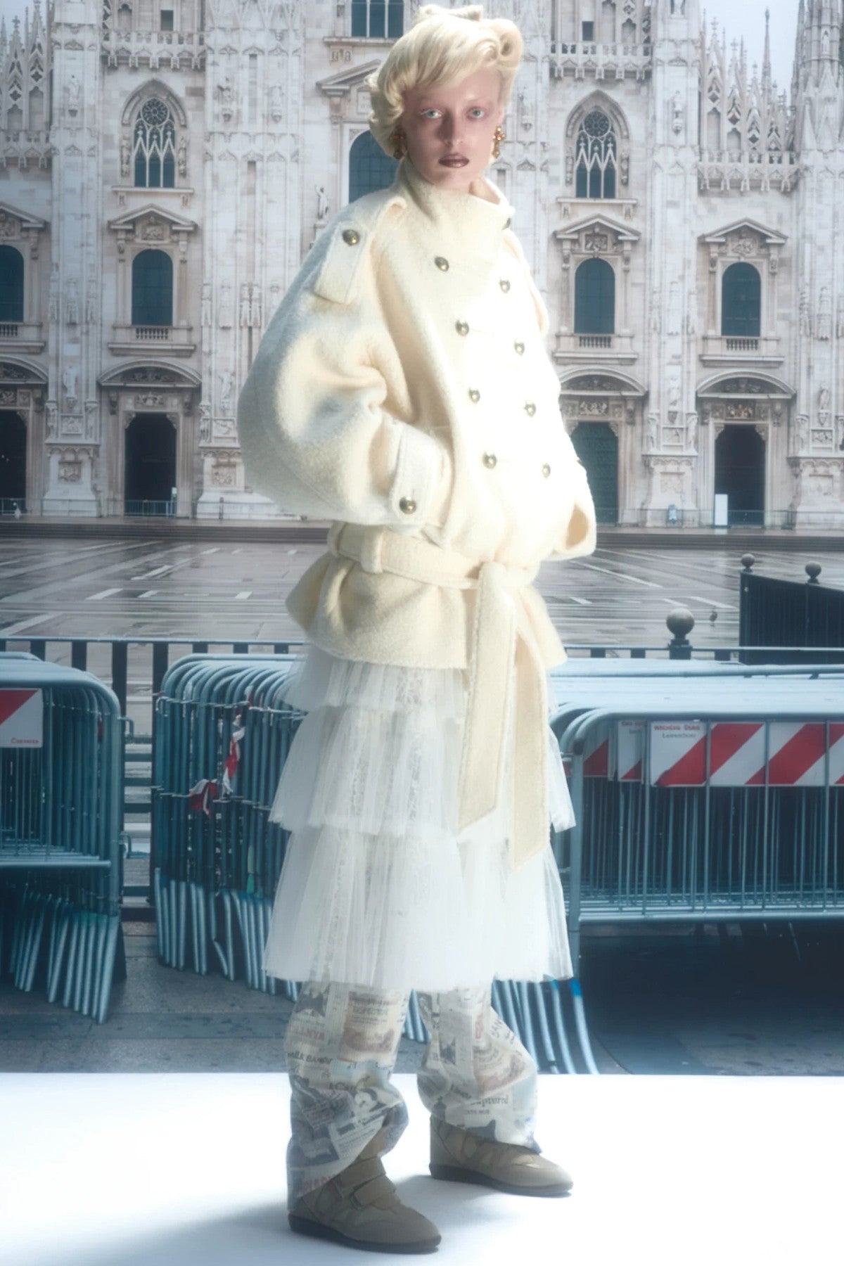 Double-Breasted Lace-Up Tweed Coat