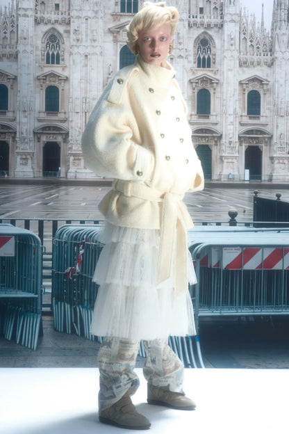 Double-Breasted Lace-Up Tweed Coat
