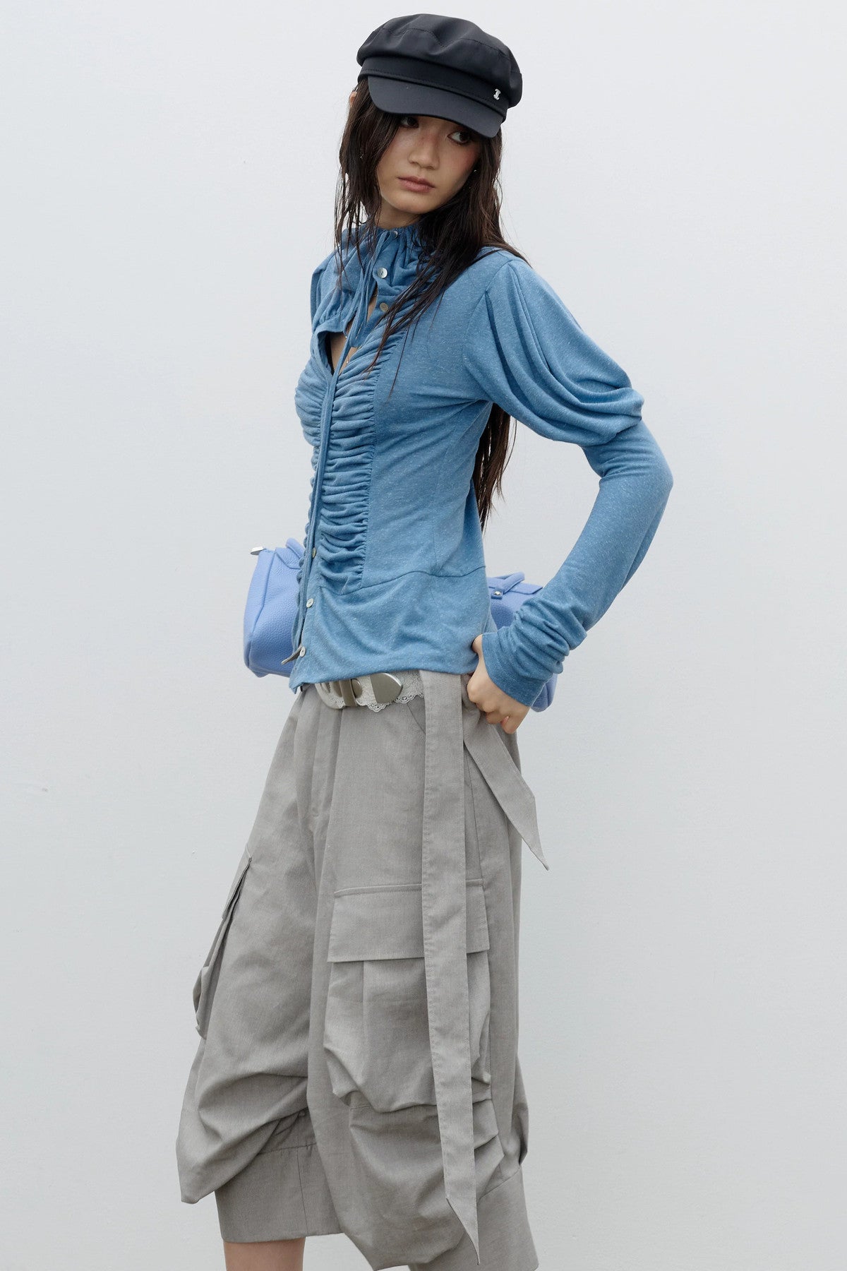 Pleated High-Neck Knit Base Layer Top
