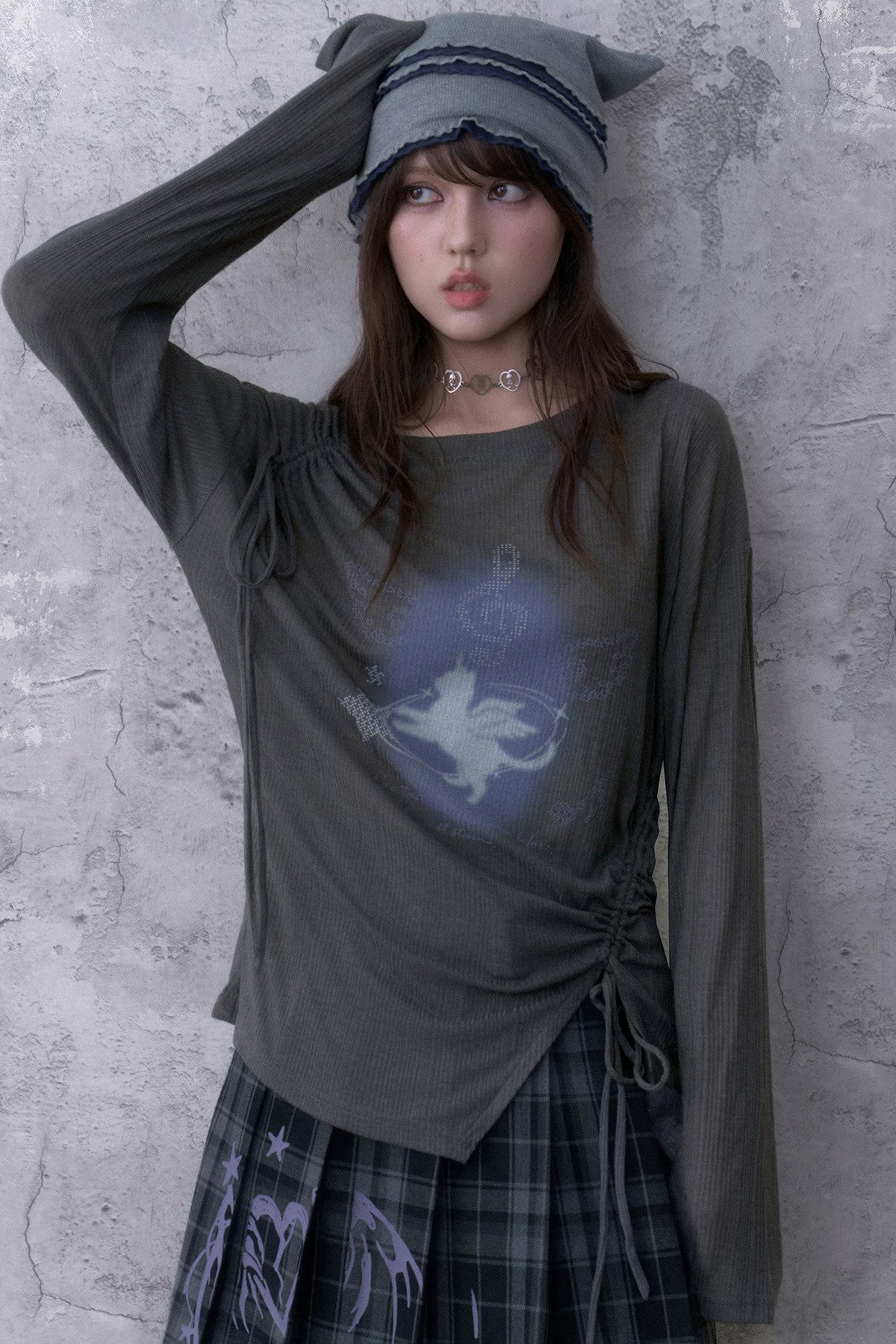 Gray Unicorn Drawstring Irregular T-shirt