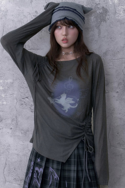 Gray Unicorn Drawstring Irregular T-shirt