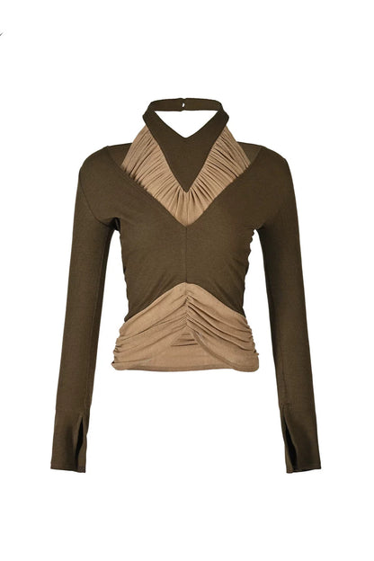 Bougainvillea Pleated Halter Neck Patchwork Irregular T-shirt