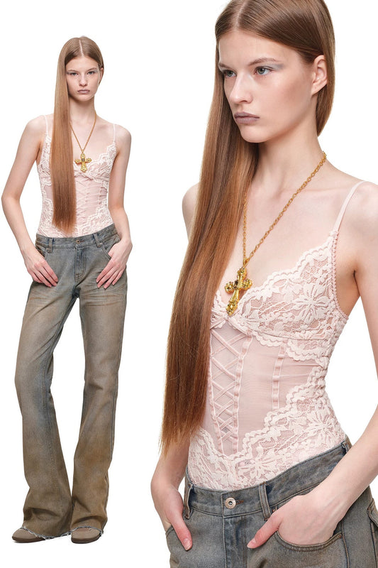 Flocked Lace Camisole Corset Bodysuit