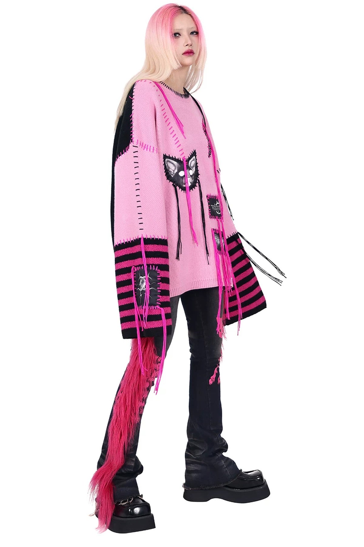Cat Patchwork Striped Sweater