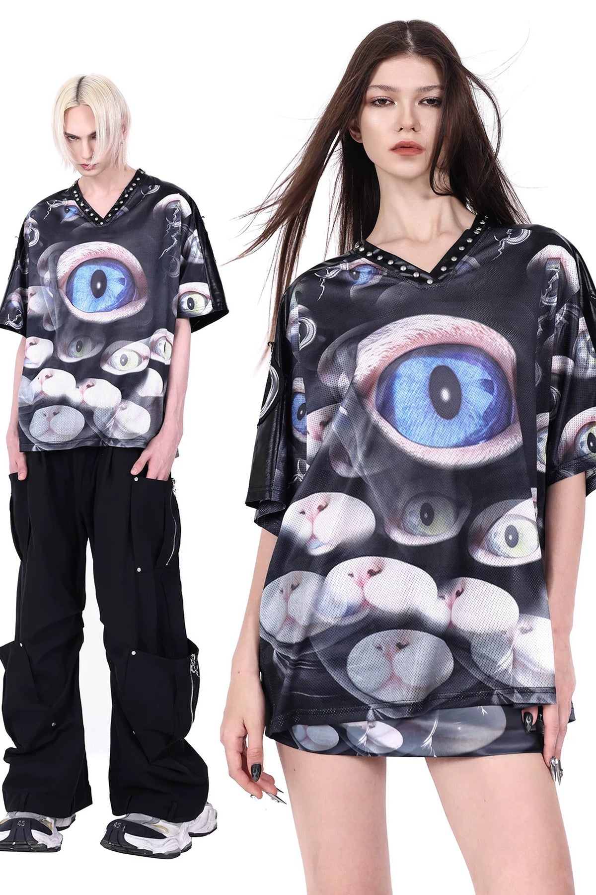 Cat Eye Patchwork Rivet V-Neck T-shirt